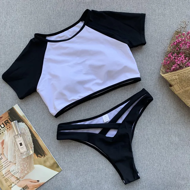 Sexy bandage swimsuit female brazilian bikini 2019 Short sleeve swimwear women T-shirt Sports swimwear Summer bathing suit new