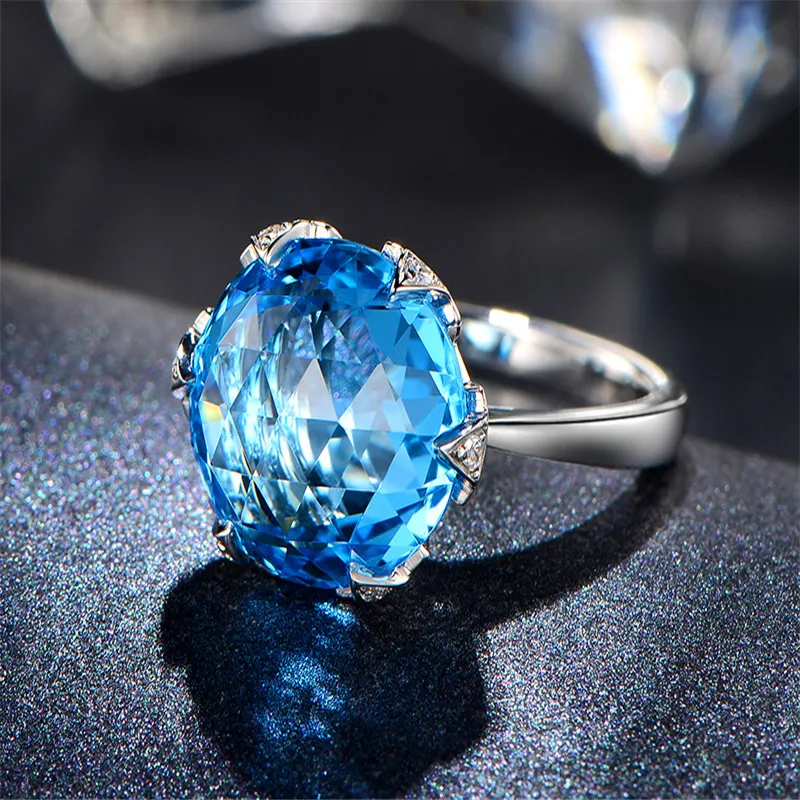 

Luxury Six Claws Round Big Blue Stone Rings For Women 925 Sterling Silver Filled White Zircon Crystal Ring Female Wedding Bands