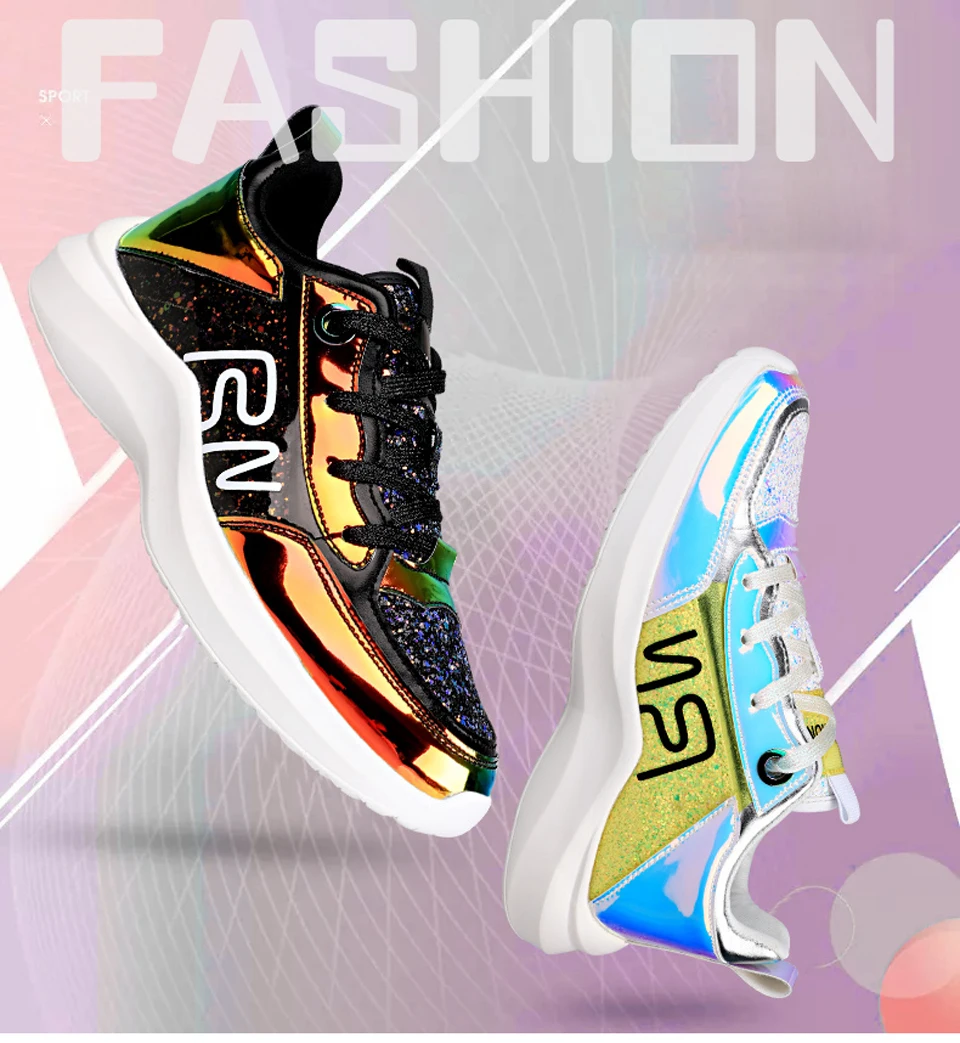 2019 Spring Sneakers Women Shiny Bling Lace-up Flats Shoes Women Basket Femme Trainers Shoes Chunky Sneakers creepers (1)