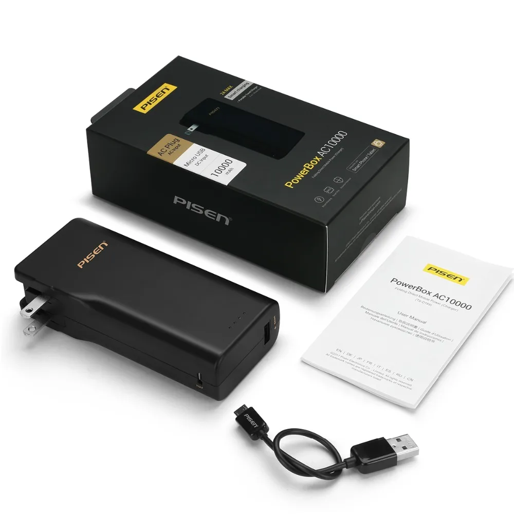 PISEN Мощность банк Портативный Смарт USB Зарядное устройство 10000mAh 2 в 1 AC штекер