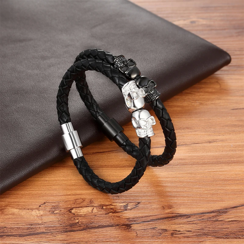 

MINIMALISM fashion black skull leather bracelet stainless steel men and women knitted bracelet Korean version jewelry gift