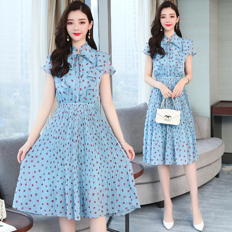 Dot Summer Blue Party Dress Plus Size Long Elegant Lady Slim Midi Office Vintage Short Sleeve Runway Vestido 2019 New Arrivals