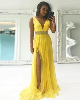 

2019 Ruby Bridal Vestidos De Noite A-line Long Yellow Evening Dresses Sexy Deep V-Neck Party Prom Gown P957