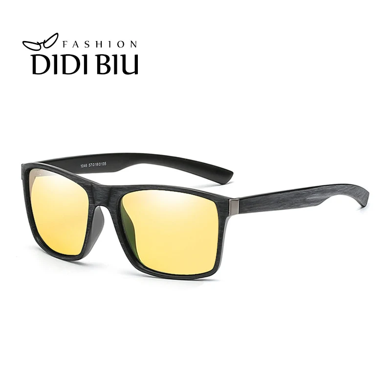 

Vintage Square Polarized Sunglasses Men Brand Yellow Day Night Wood Grain Plastic Frame Sun Glasses Shadow Driving Goggle UN1115