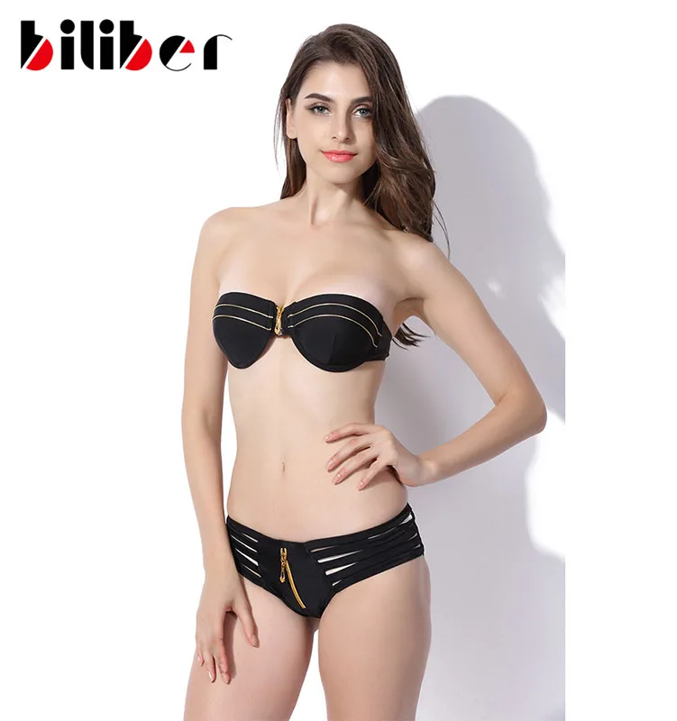Retro Black Bikini 2016 Sexy Women Swimwear Slash Strappy Zipper Padded brand Swimsuit Push Up Bandage Halter neck Bathing Suit