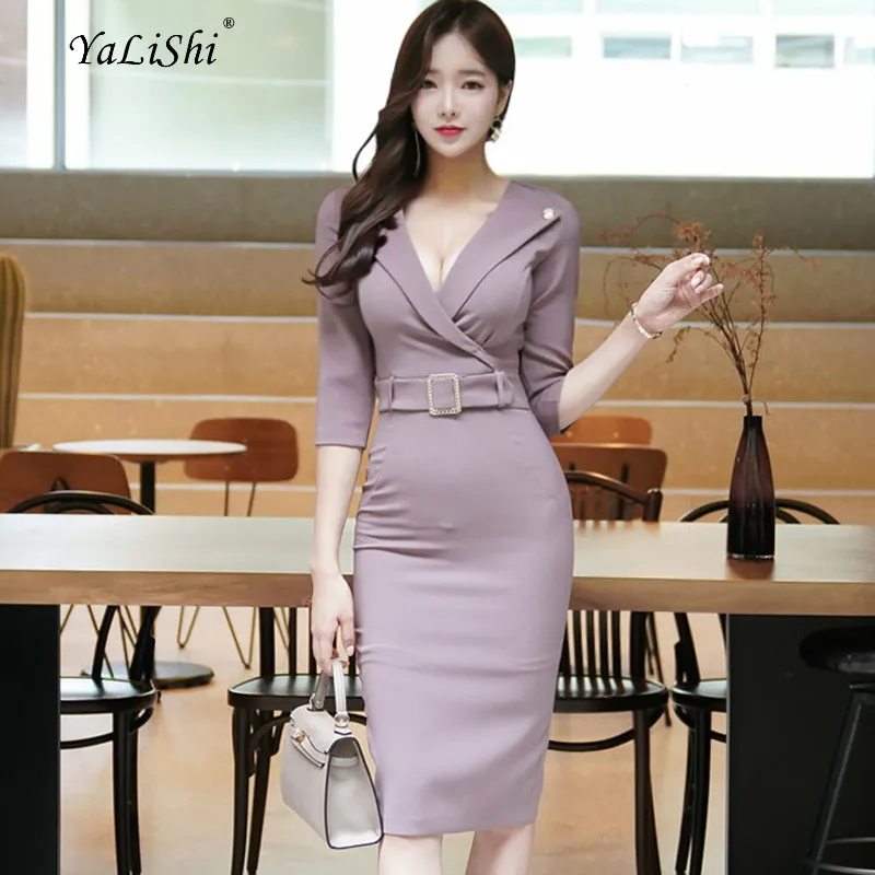 

Plus Size Pencil Dress 2018 Women Purple Long Sleeve V-neck Knee-length Elegant Work Club Dress Autumn Office Lady Wrap Dresses