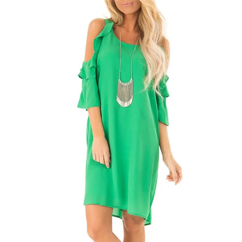 New Women Summer Ladies Strapless Shoulder Ruffle Sleeve Pure Color Summer Dress Elegant Mini Fashion Casual Vestidos #4A30 (11)