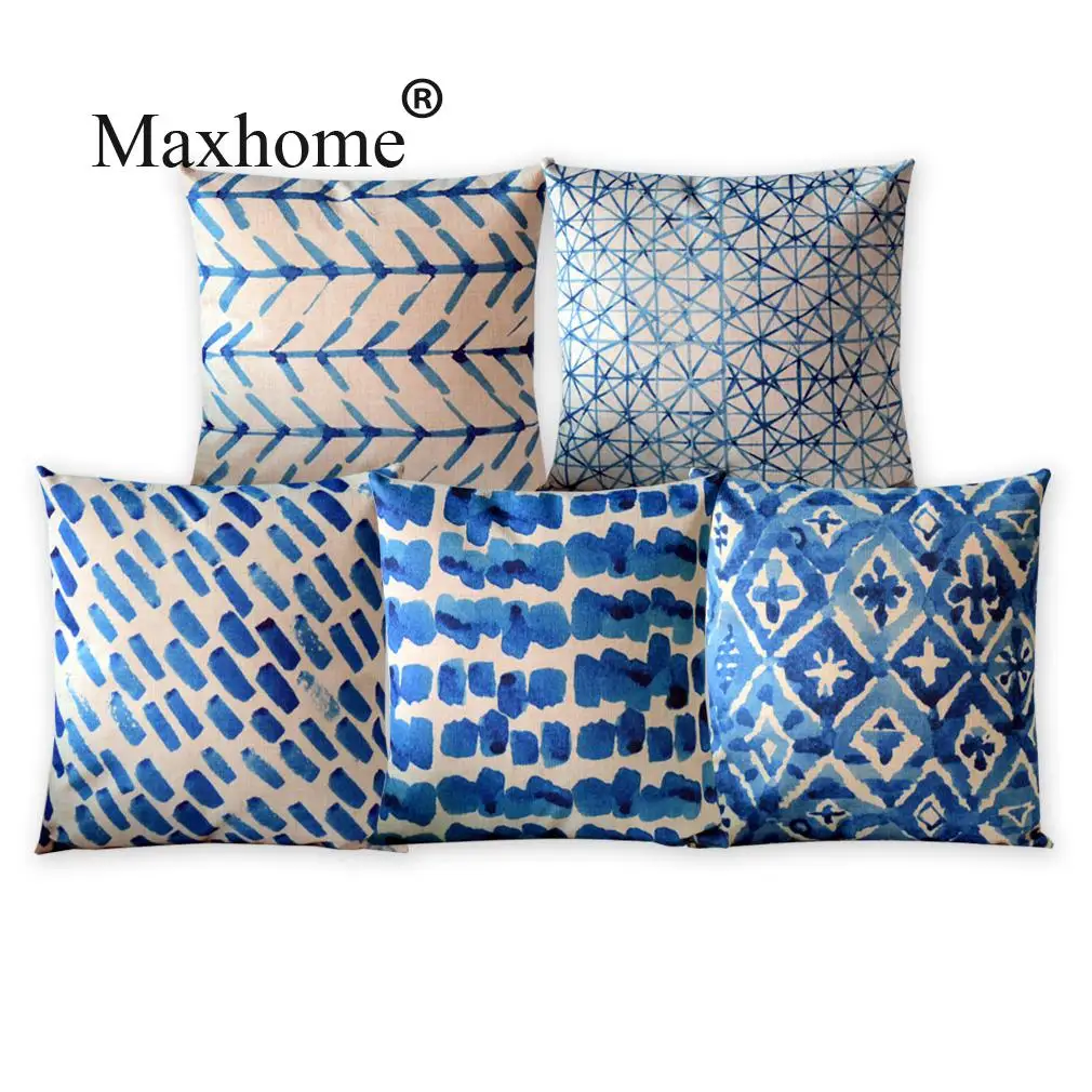 

Original Design Blue Geometrc Striped Pillowcase Watercolor Cotton Linen Cushion Decorative Pillow Home Decor Sofa Throw Pillows