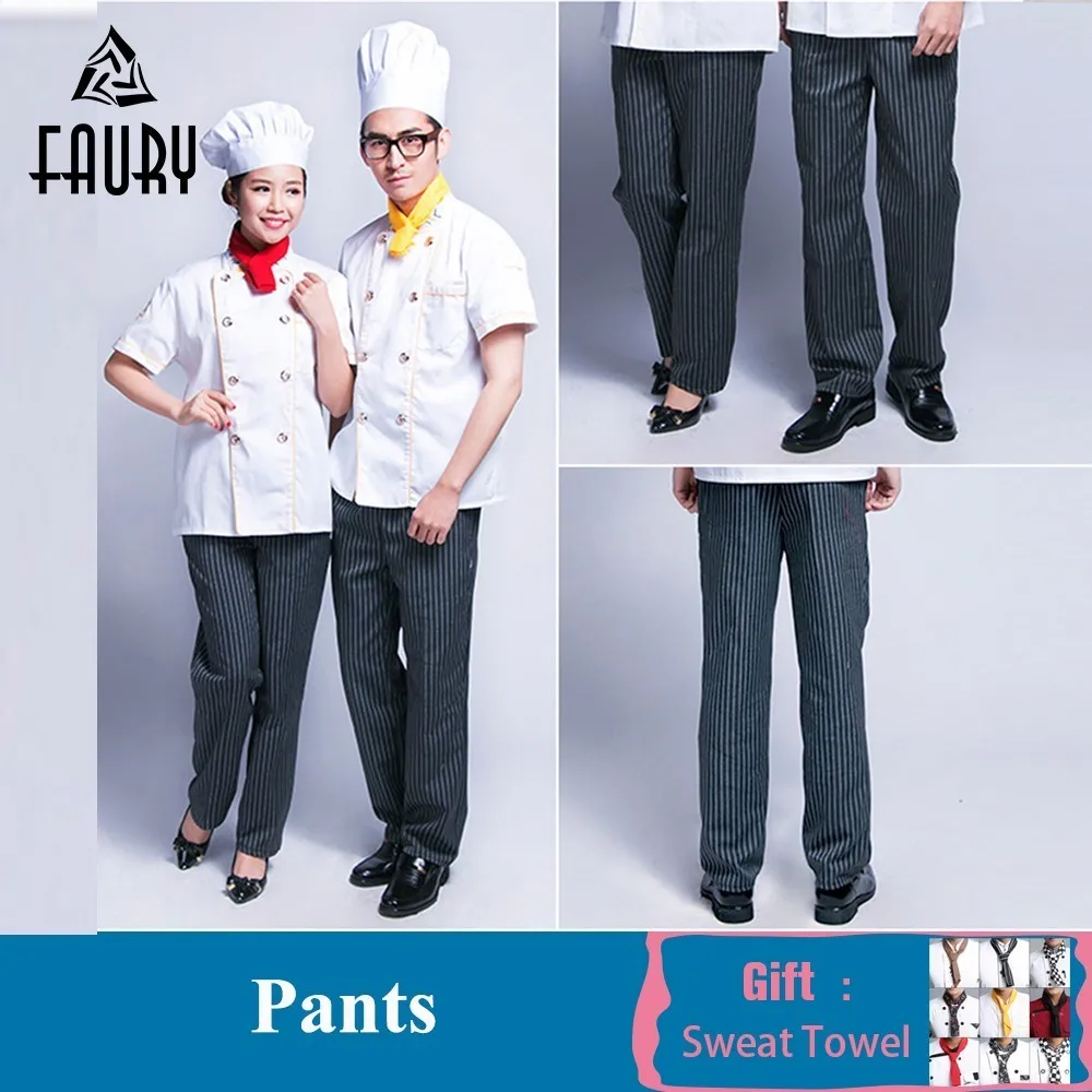 

Unisex Chef Work Pants Striped Elastic Waist Cozinha Hotel Cook Waiter Workwear Food Service Kitchen Trousers Free Scarf Gift