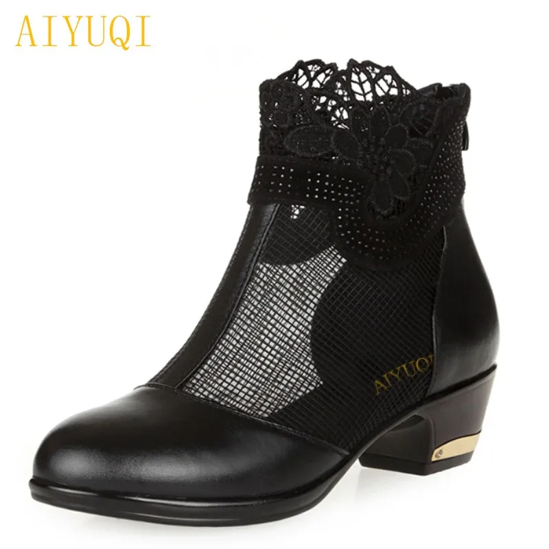 

AIYUQI 2019 new summer genuine leather women sandals lace fish head hollow mesh shoes plus size 41#42#43# brand shoes women