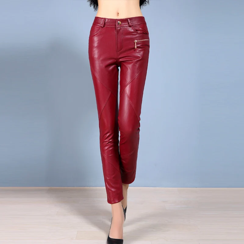 Skinny Genuine Leather Pants Women's Spring Autumn Close-fitting Sheepskin Leather Pants OL Show Slim Leggings Pants Of Boots