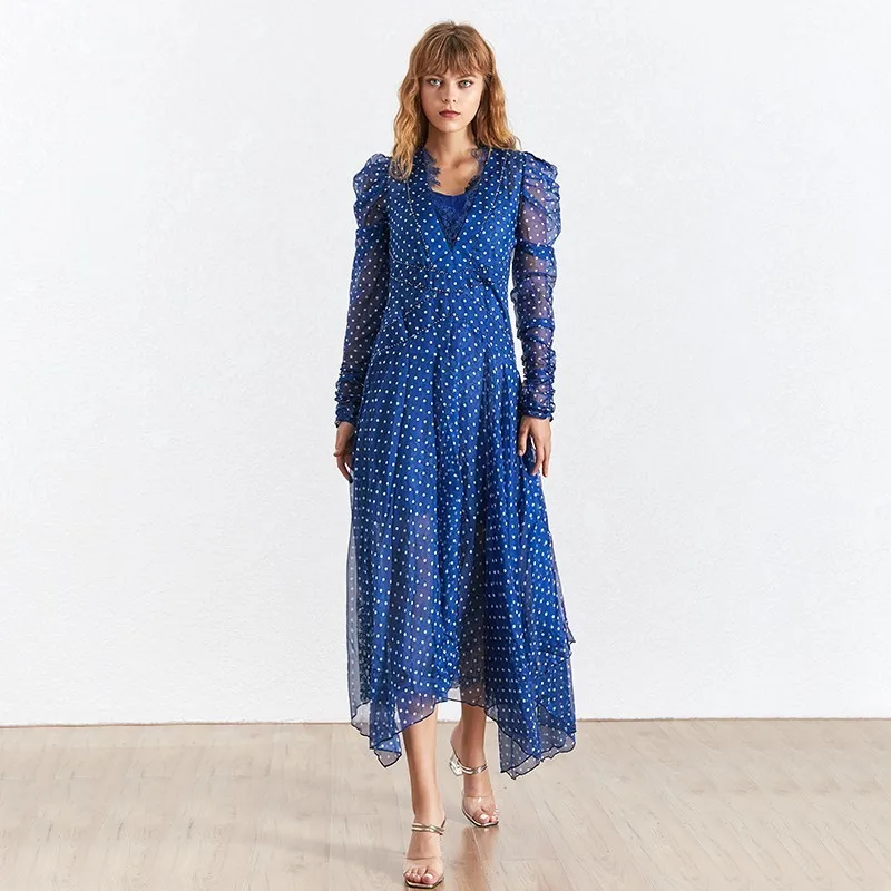 blue TWOTWINSTYLE, платье в горошек для женщин, v-образный вырез, пэчворк, кружево, длинный рукав, высокая талия, длинные женские платья,, модная одежда - Цвет: blue