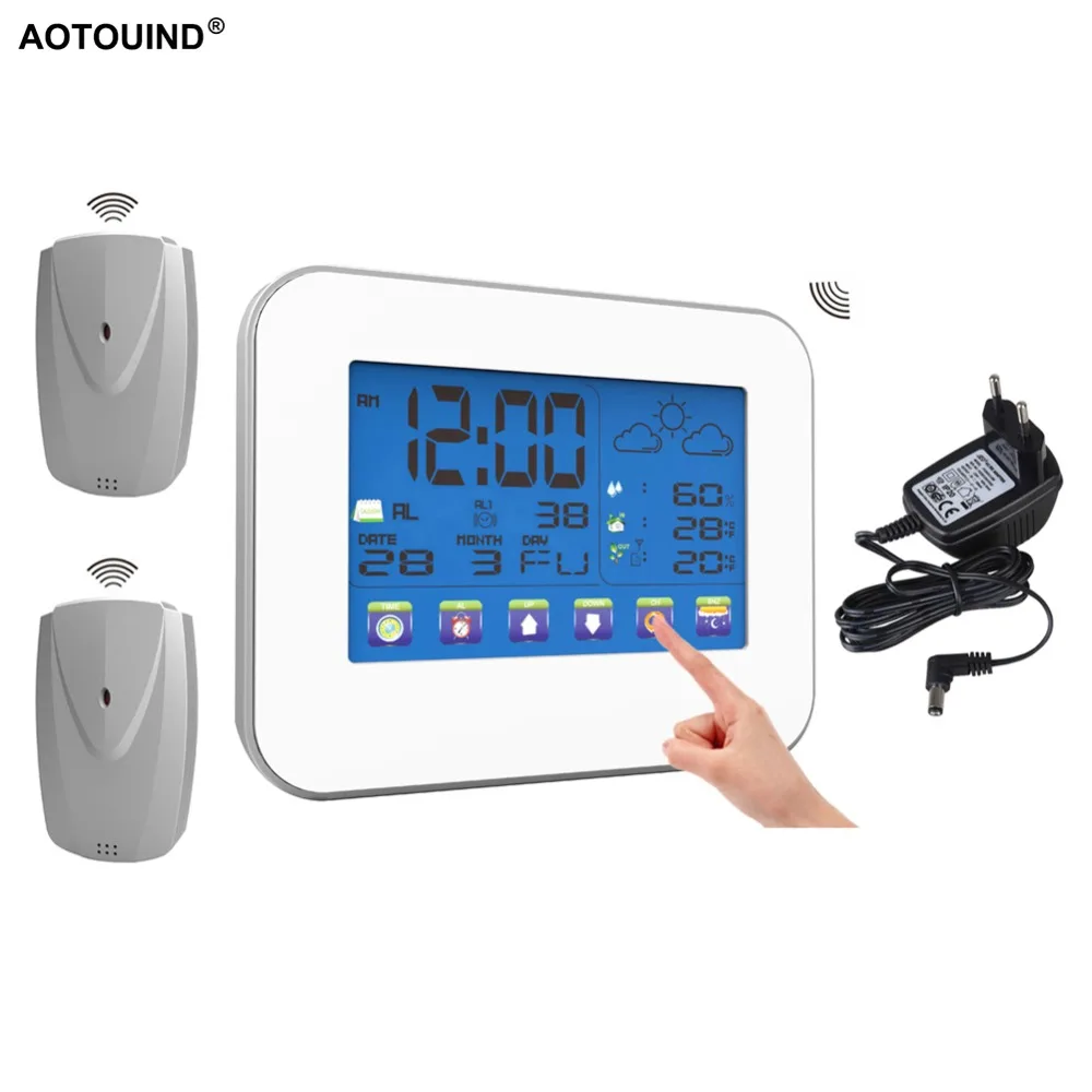 

AOTOUIND Touch Screen Wireless Weather Station Clock with Indoor Outdoor Temperature Humidity Monitor #T01+Adapter+2 Sensors