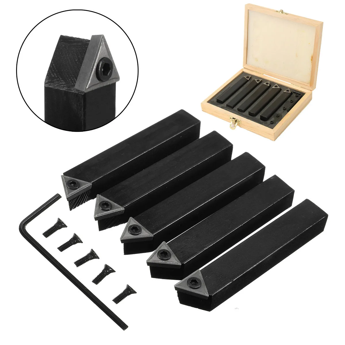 

5Pcs 16mm(5/8") Indexable Carbide Tipped Lathe Cutter Tool Set For CNC Machine Style "A" "B" "E" with Indexable Tungsten Black