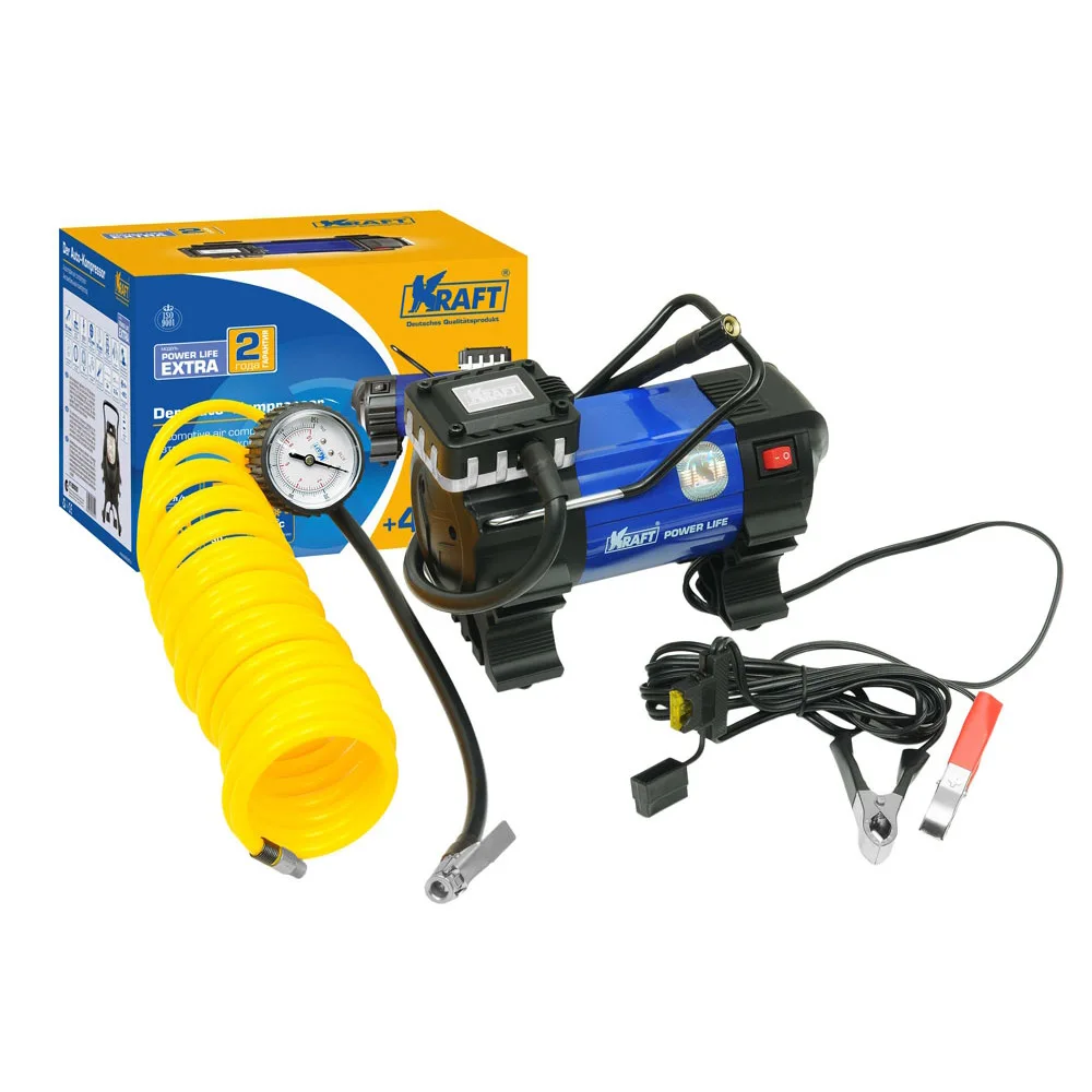 Компрессор автомобильный KRAFT КТ 800029 Power Life EXTRA  (Максимальное давление 10 атм, производительность 50 л.мин,  напряжение питания 12В, клеммы АКБ, сумка)