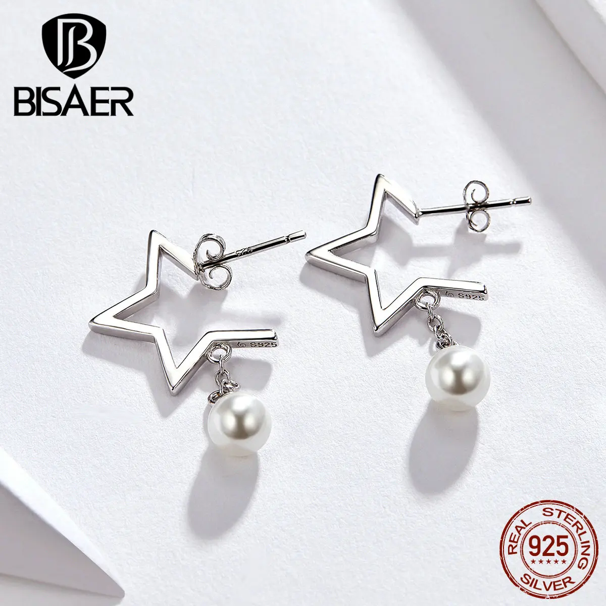 

BISAER Hyperbole 925 Sterling Silver Luminous Star Earrings Silver Women Star Fashion Stud Earrings Luxury Jewelry Making EFE105