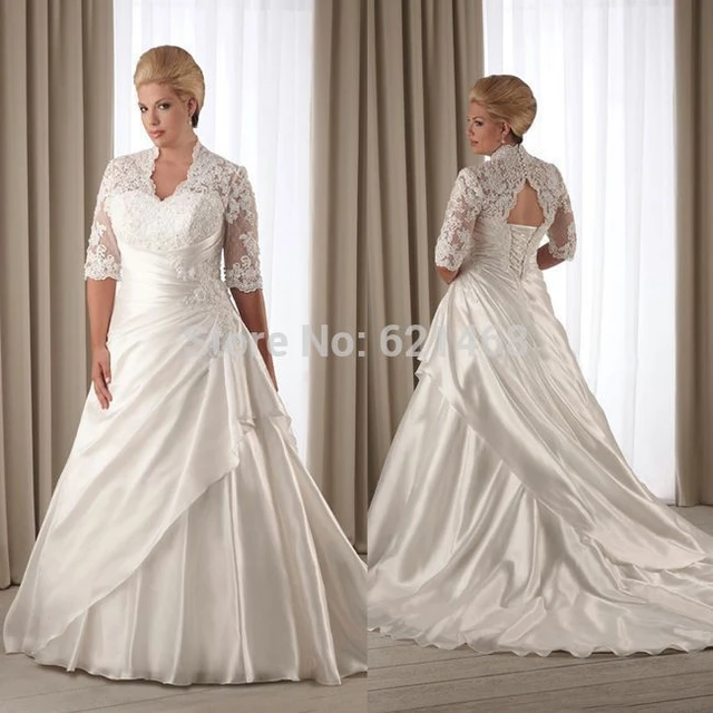 Best Selling 2015 Wholesales A-Line White Satin Appliqued Wedding Gowns Size Fat girl wedding dresses