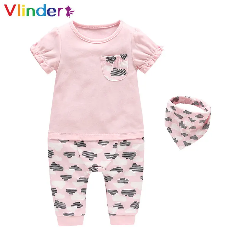 

Vlinder New Baby Girl Newborn Cute Clouds Clothes Cotton Snug Short Sleeves Pocket Jumpsuit Infant Button Bib 2pcs Set