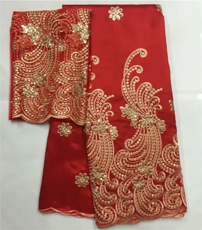 

red Fashion Style Nigerian George Lace Fabric With African Net Lace For Women Blouse Sewing Embroidery Lace 5+2Yards b6-2