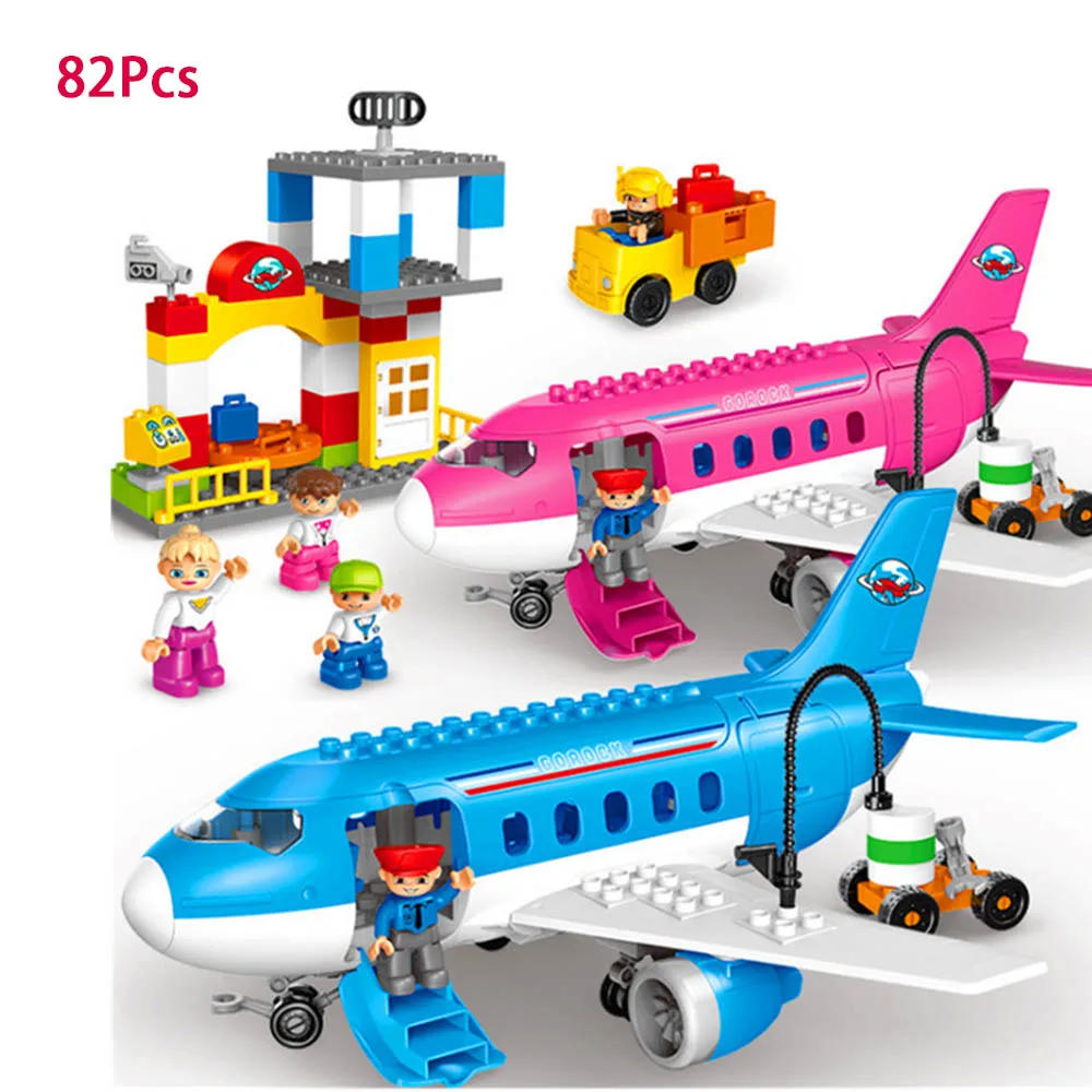 

82 Pcs Cartoon Blue Plane Helicopter Car Bus Big Building Blocks Sets DIY Toys Compatible with Legoed Duploe Minecraft Boy Toy
