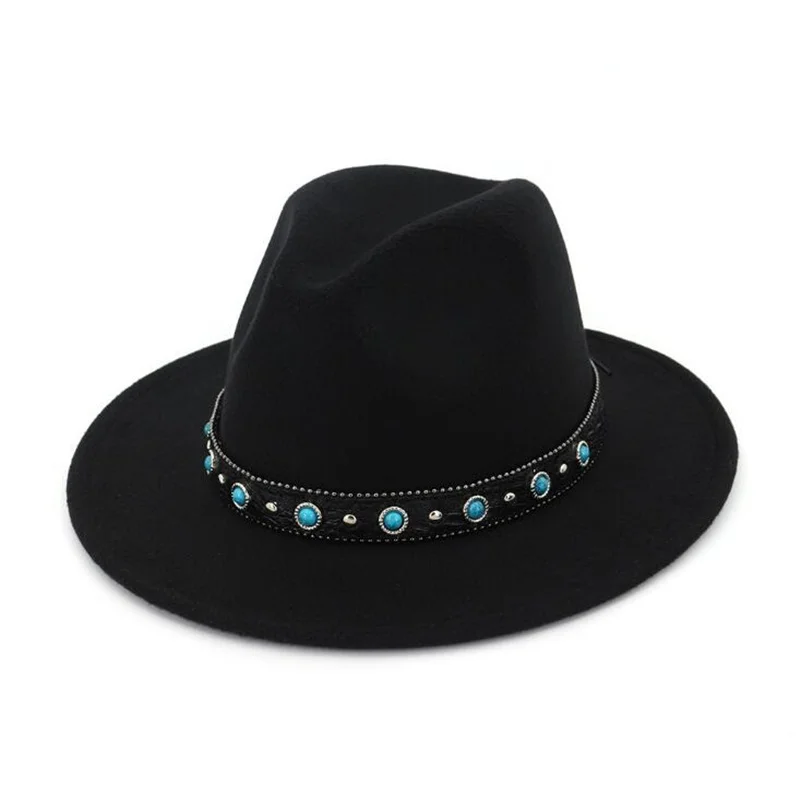 Войлочная шерсть Женские фетровые шляпы с поясом Для женщин Винтаж шляпы Трилби шерстяная шляпа теплая джаз шапка Femme feutre шляпа Панама H3 - Цвет: black
