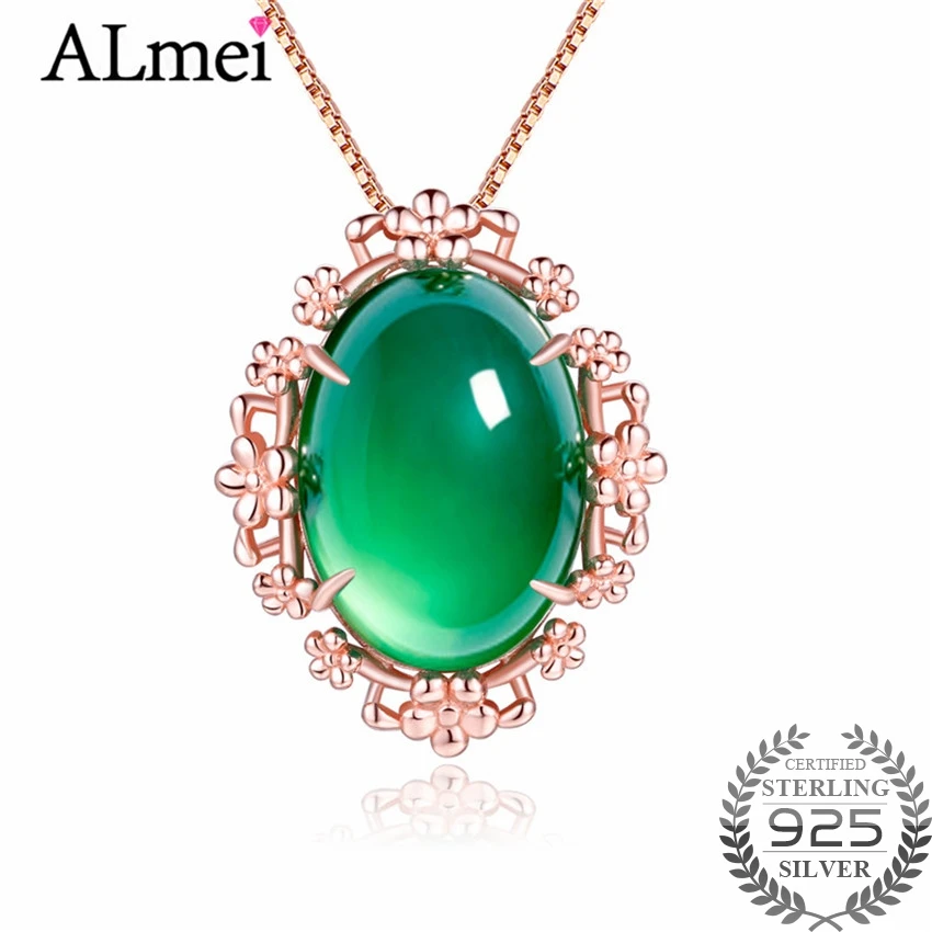

Almei 16ct Chalcedony Statement Necklace with Stones Green Oval Round Pendants for A Neck Silver 925 Fine Jewelry Box 40% FN069
