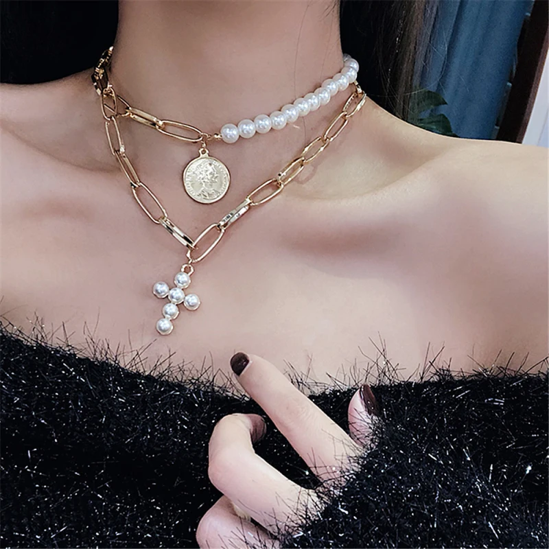 Многослойное ожерелье-чокер с искусственным жемчугом для женщин, ожерелье из сплава с круглым крестом для монет, короткое ожерелье с ключицей, модные ювелирные изделия, аксессуары