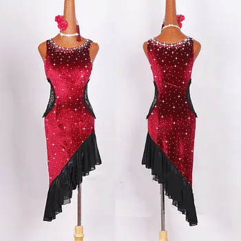 

Sparkly Rhinestones Women Latin Dancing Costumes Velvet Net Top Skirt Salsa Samba Rumba India Ladies Fringe Latin Dance Dress