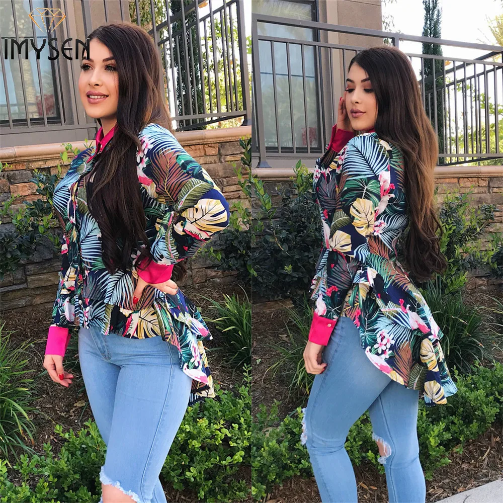 IMYSEN Summer Autumn Women Blouses Printed Lapel Collar Long Sleeve Female Blouse Tops |
