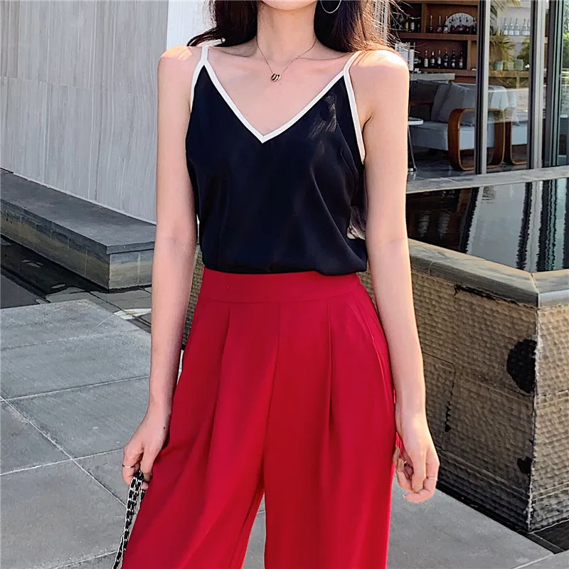 

Summer Women Two Piece Set Club Outfits V-neck Camisole + Red High-waist Wide-leg Pants Sexy Festival Party Clothes Elegant