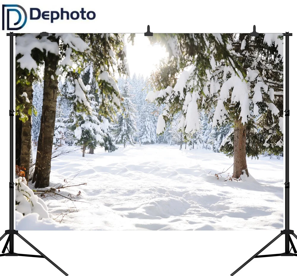Фон для фотосъемки с изображением зимнего леса снежной елки Рождественский фон