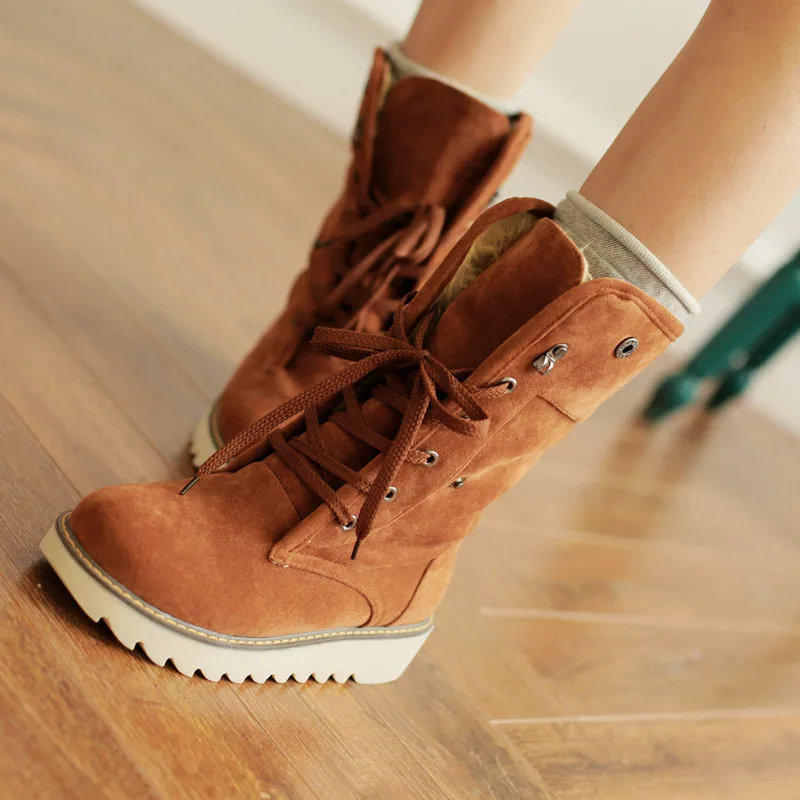 

COSIDRAM Warm Women Flock Ankle Snow Boots Female Comfortable Lace up Flat Boots Winter Plush Low Heel Shoes SNE-167