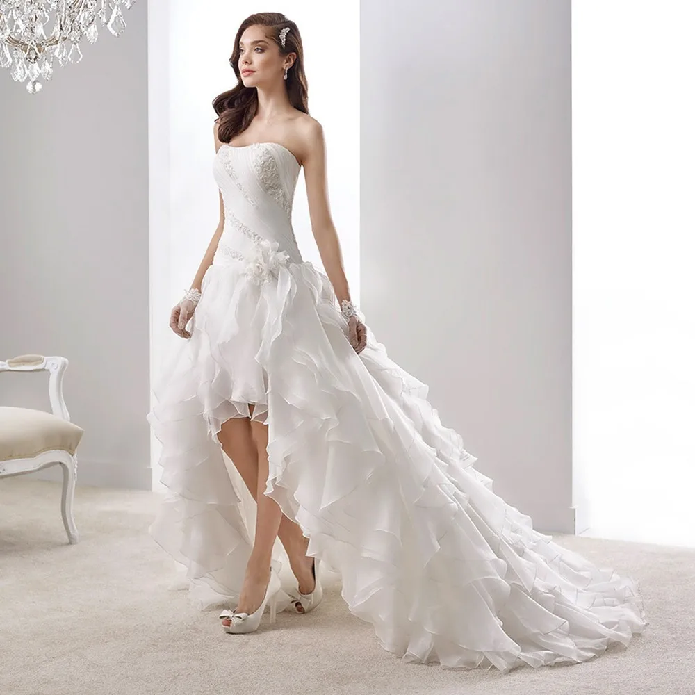 Real Photos Pretty High Low Wedding Dresses Tulle Lace Tiered Ruffled Pleat Best Wedding Dress 