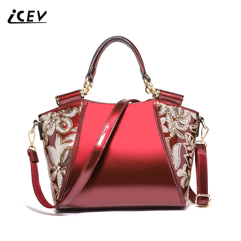ICEV New European Fashion Organizer Women Leather Handbags Bags Handbags Women Famous Brands Flower Patent Leather Ladies Totes icev new simple genuine leather handbags high quality top handle bags handbags women famous brands flower ladies organizer totes
