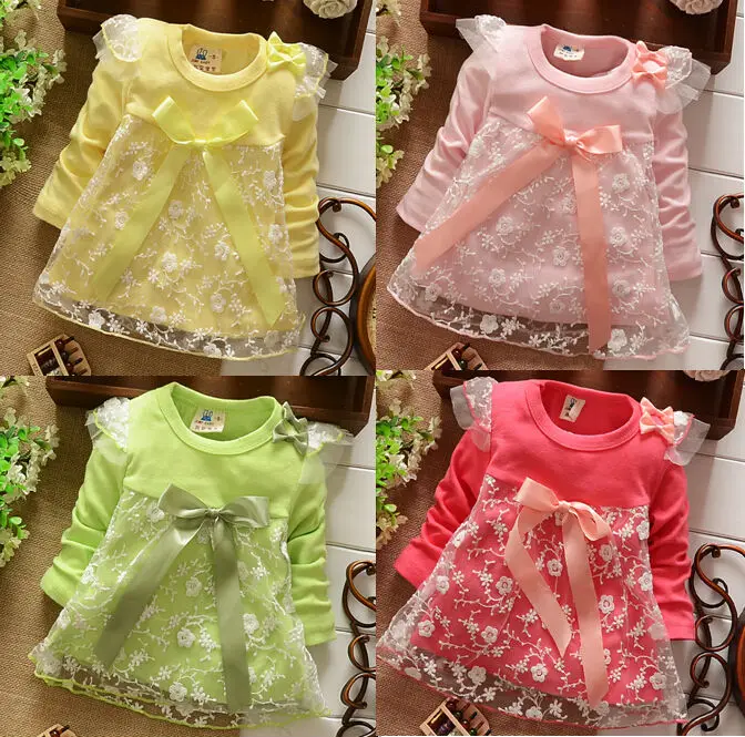 

Good Quality 2017 baby girls Dresses cotton Dress kids bow Lace princess dress 4colors Drop shipping