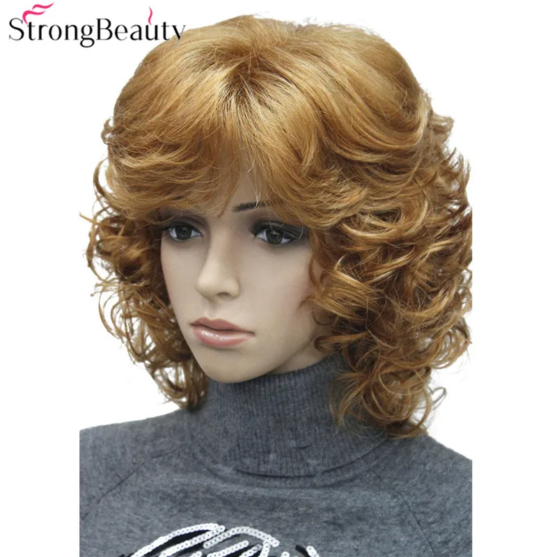 Online StrongBeauty medias pelucas rizadas sintéticas para mujer pelo rubio Negro Borgoña muchos colores para elegir