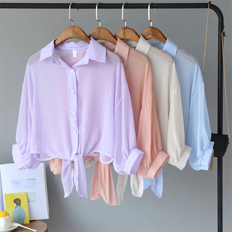 

Womens Solid Blouse Fashion Turn-down Collar Shirt Ladies Casual Loose Three Quarter Sleeve Kimono Chiffon Shirts Cute Thin Tops