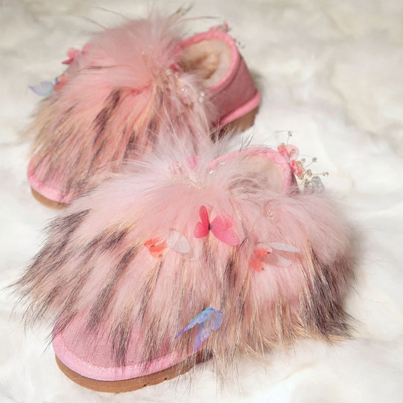 2016 Winter Natural Fox Fur Cow Leather Snow Woman Boots Warm Flats Lady Boots Lovely Rhinestones Butterfly Women's Shoes