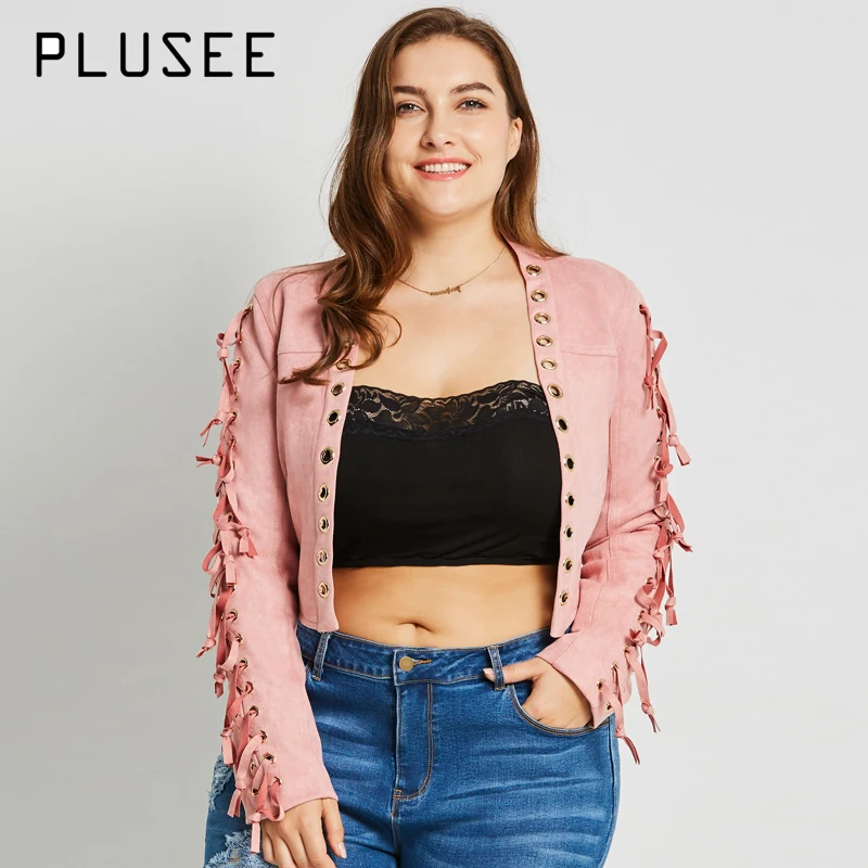 

Plusee 2019 Spring New Arrival Suede Short Jacket Plus Size Women High Waist Short Cardigan Outerwear PINK XXXL 4XL