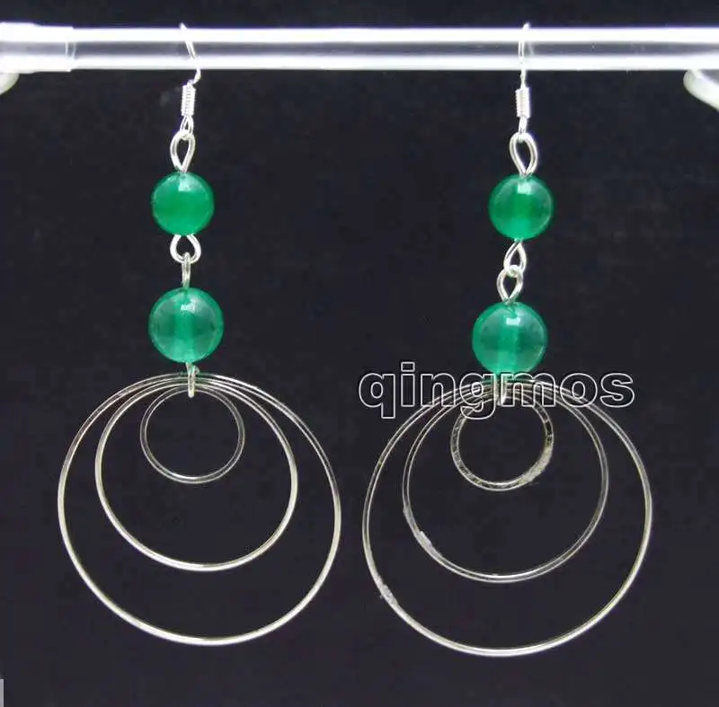 

Fashion 8-10mm Green Natural Stone with 3 piece metal Round Dangle 3.5'' Earring-ear617 wholesale/retail Free ship