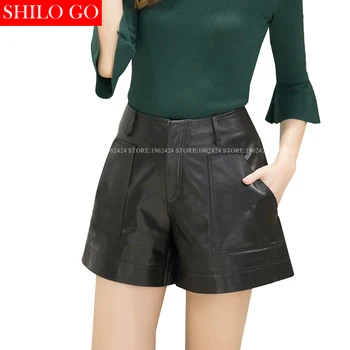 

SHILO GO New Fashion Street Women's Empire Pocket A-Line Sheepskin Genuine Leather Shorts Ladies Concise Shorts Good Quality