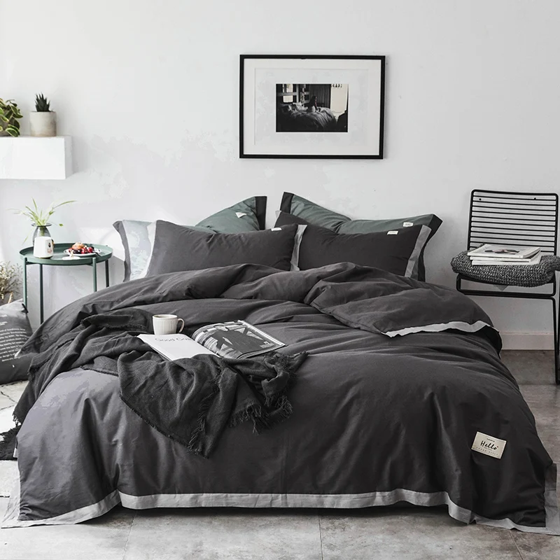 Brown Grey Bedding Set Yarn Dyed Fabric Duvet Cover Flat Sheet