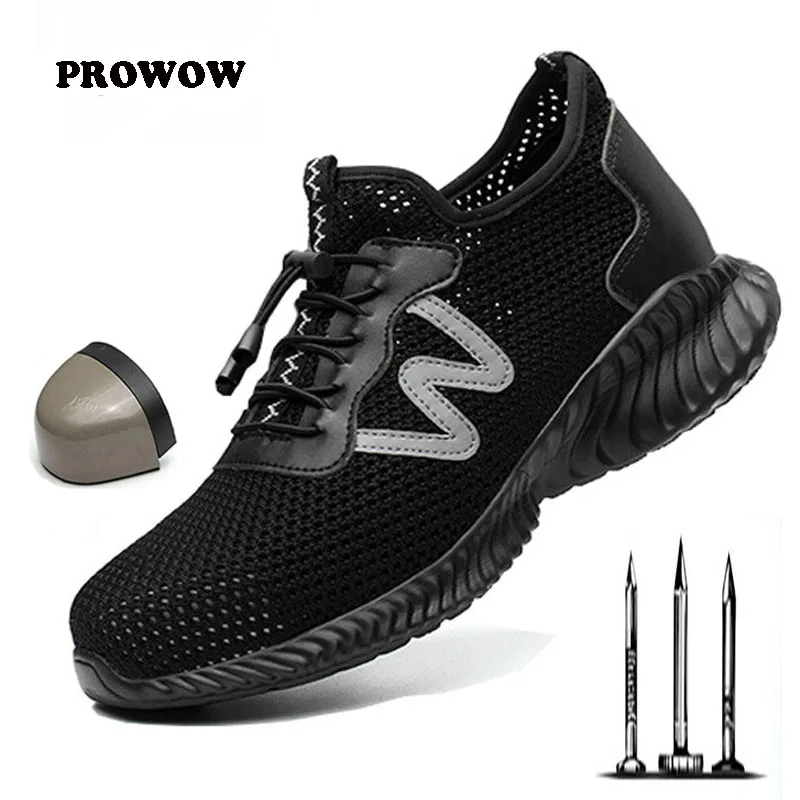 

PROWOW Men Shoes 2019 New Breathable Mesh Safety Shoes Men Light Sneaker Indestructible Steel Toe Soft Anti-piercing Work Boots