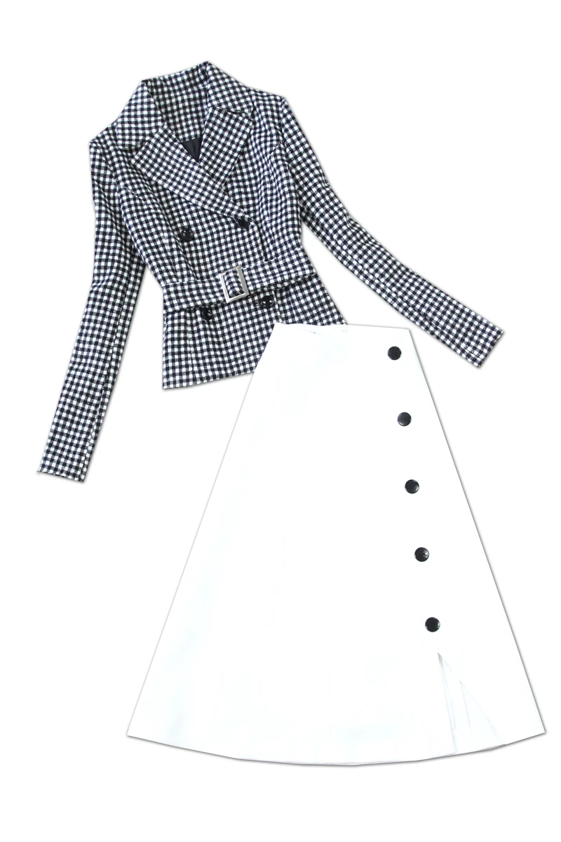 Новинка, зимний женский шерстяной костюм в клетку большого размера, пиджак+ белый блейзер, юбка, комплект, tailleur donna, офисная одежда