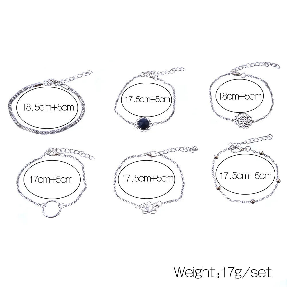 Для женщин ретро Многослойный 4/5/6 шт./компл. браслет бусинка в форме лотоса круглый самоцвет цепи полый браслет из серебра набор одежда для вечеринки ювелирные изделия
