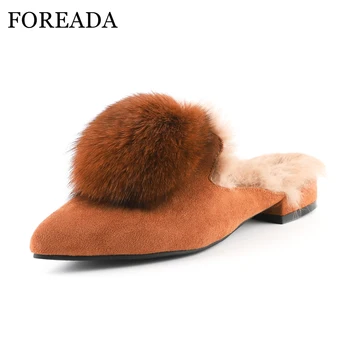 

FOREADA Women Mules Shoes Genuine Leather Flats Real Rabbit Fur Slippers Pointed Toe Winter Suede Leather Footwear Slides 34-43