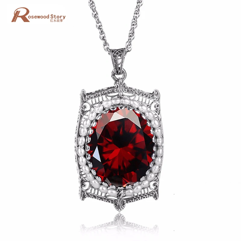

Soild 925 Sterling Silver Women Pendants Natural Freshwater Pearl Created Garnet Stone Necklace Pendant Vintage Party Jewelry