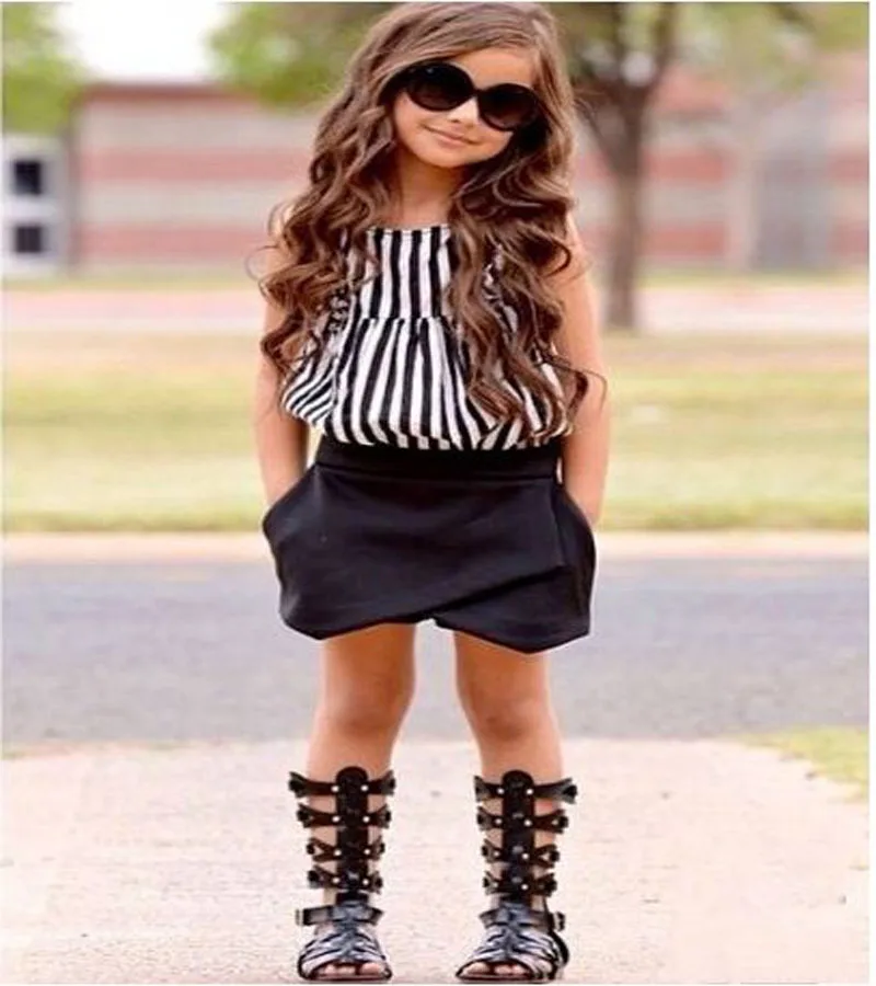 2017 summer kids clothes girl black white Striped sleeveless shirt Tops+Short pants Clothing Set Fashion Children Outfits DY171