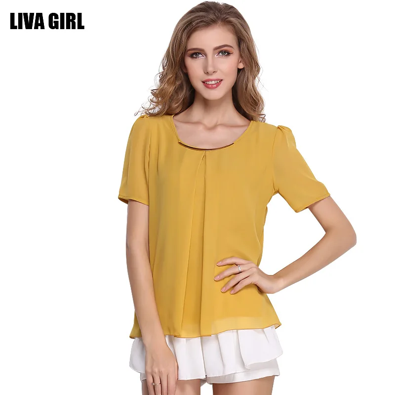 Vente LIVA Mode Coréenne Plus La Taille Solide Casual Tops Femmes Bonbons Couleur Chiifon Chemisier Manches Courtes T shirt En Vrac
