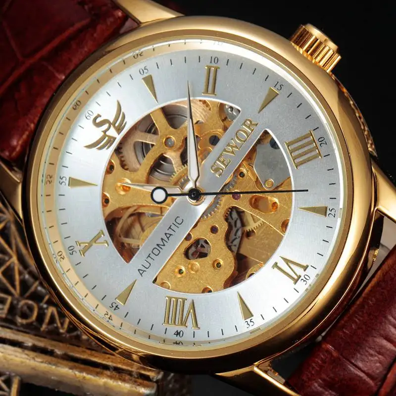 Cena SEWOR Skeleton mechaniczny złoty zegarek mężczyźni skórzany pasek markowy zegarek luksusowy marka automatyczny 2016 moda Relogio zegarek SWQ22